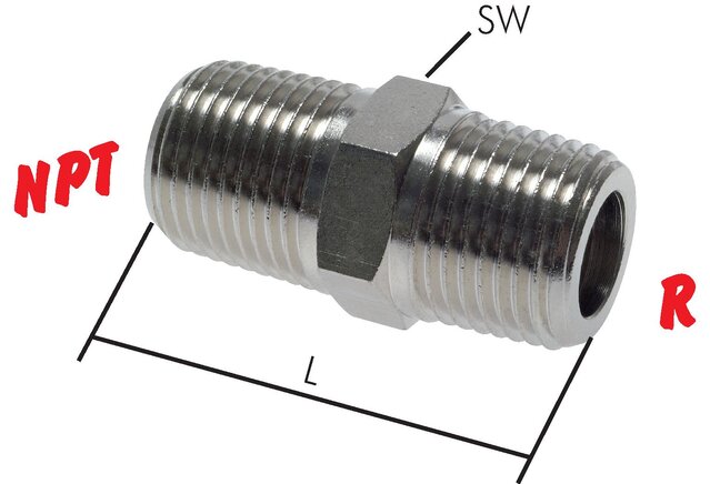 Exemplarische Darstellung: Doppelnippel mit R-Gewinde / NPT-Gewinde