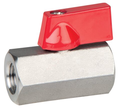Exemplary representation: Stainless steel mini ball valve with toggle handle on one side, female thread